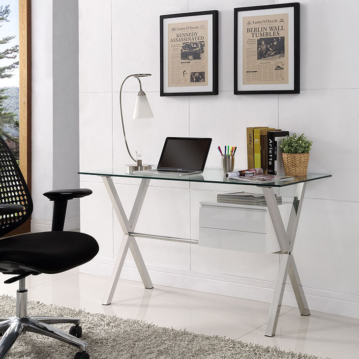 Stasis glass top office desk in white.