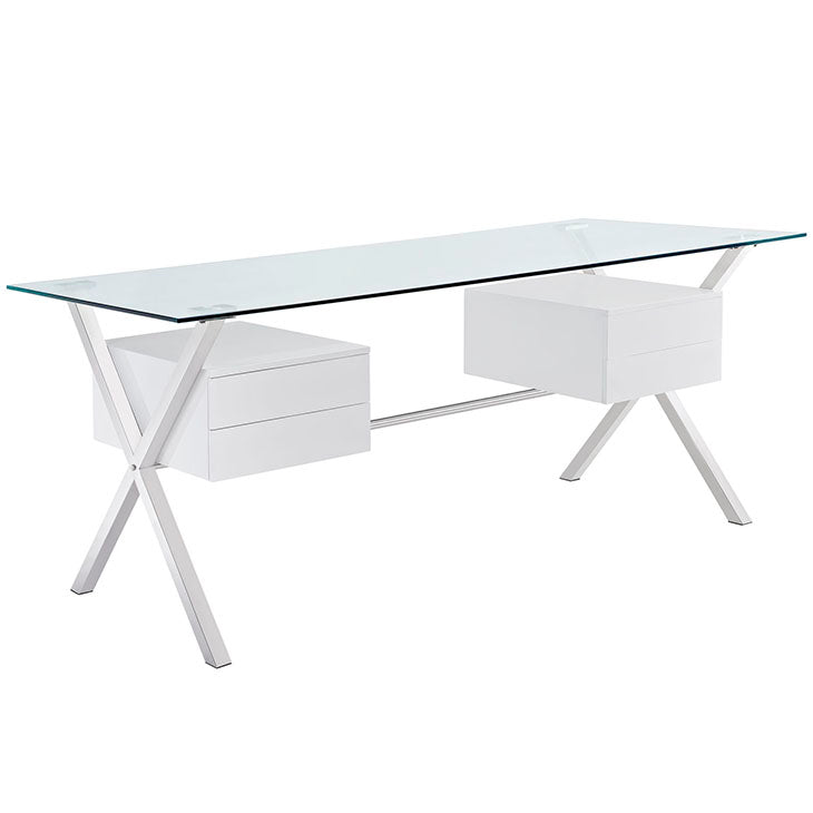 Abeyance glass top office desk in white.