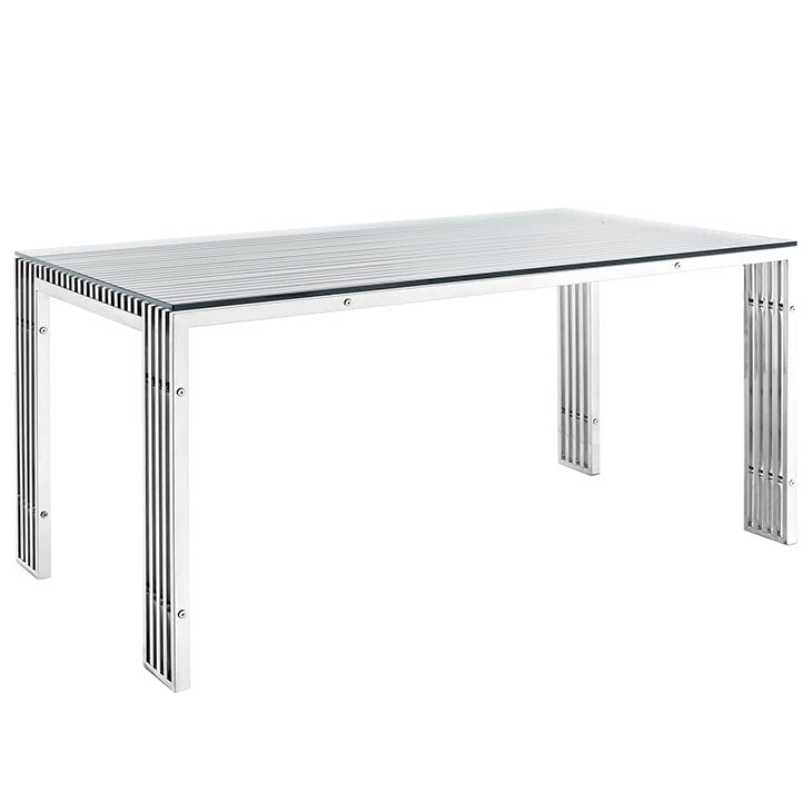 GRIDIRON STAINLESS STEEL RECTANGLE DINING TABLE IN SILVER.