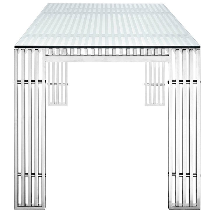 GRIDIRON STAINLESS STEEL RECTANGLE DINING TABLE IN SILVER.