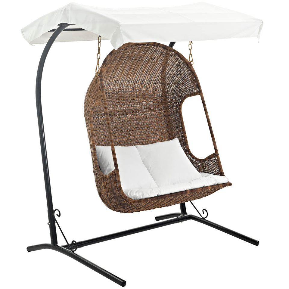 Vantage Outdoor Patio Swing Chair With Stand in Brown White.