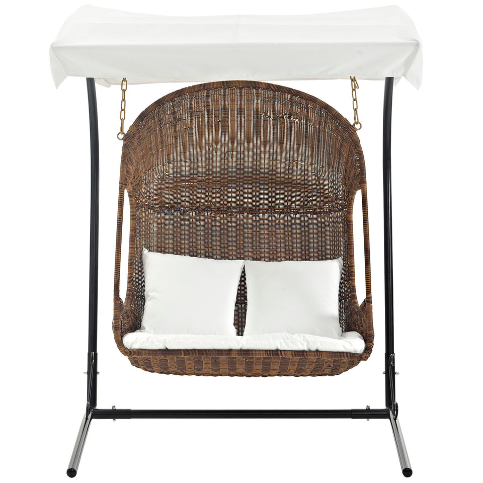 Vantage Outdoor Patio Swing Chair With Stand in Brown White.