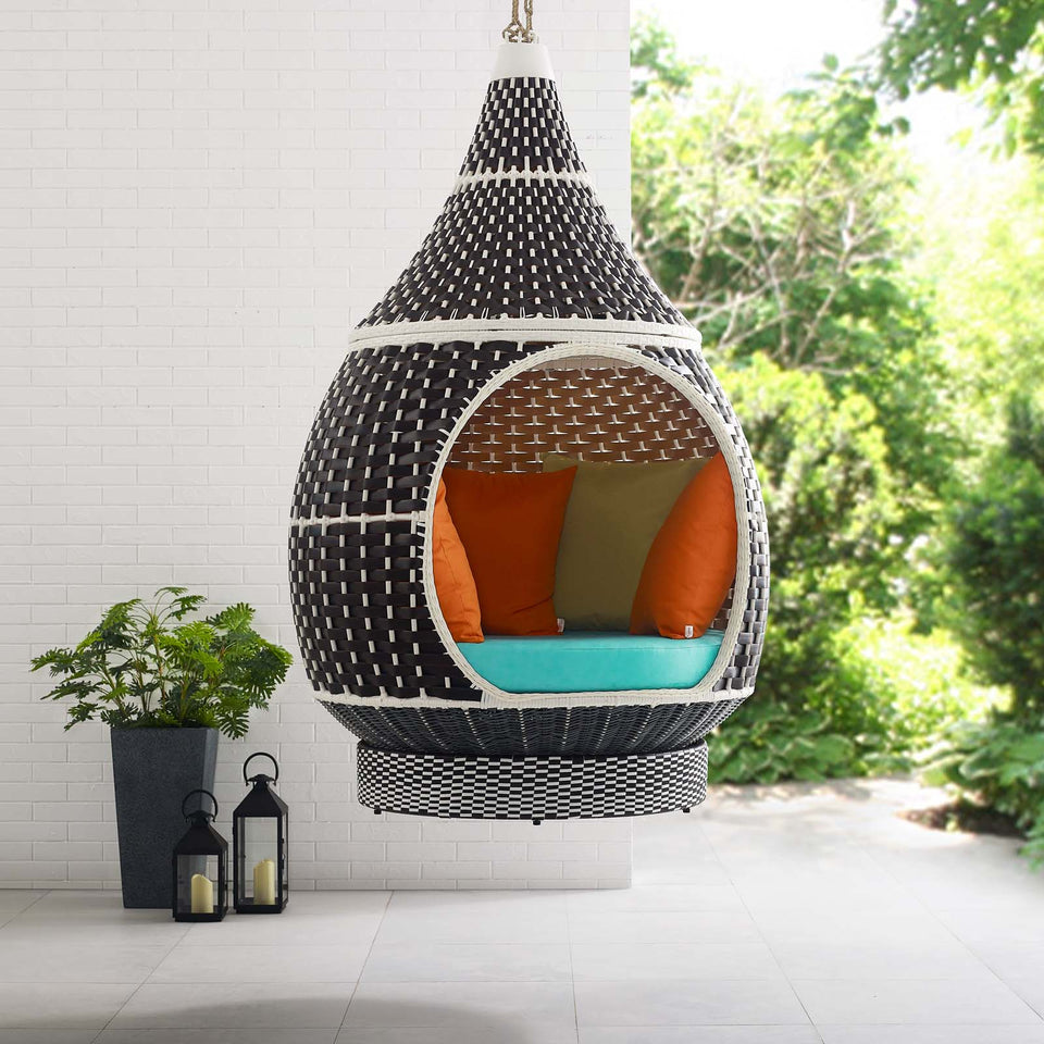 Palace Outdoor Patio Wicker Rattan Hanging Pod in Brown Turquoise.