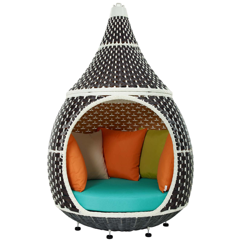 Palace Outdoor Patio Wicker Rattan Hanging Pod in Brown Turquoise.