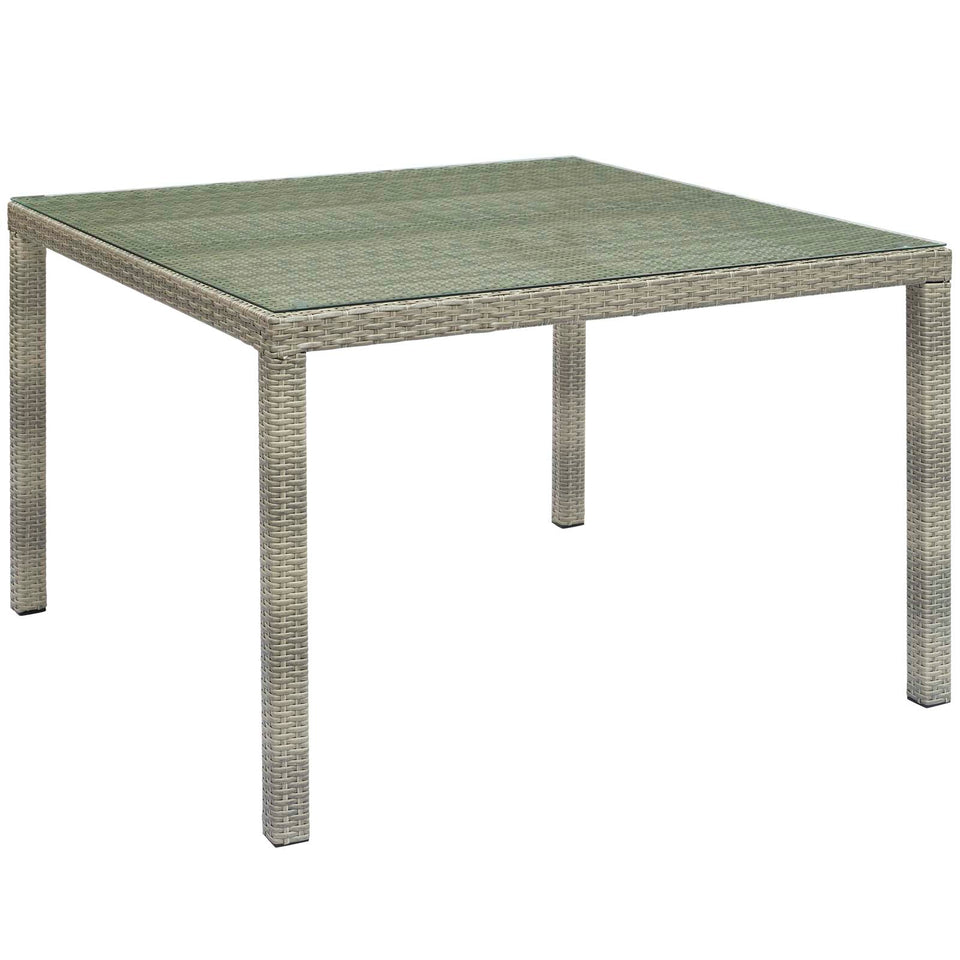 Conduit 47" Square Outdoor Patio Wicker Rattan Table in Light Gray.