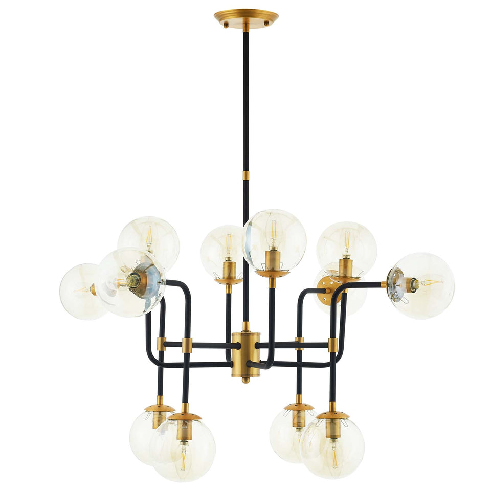 Ambition Amber Glass And Antique Brass 12 Light Pendant Chandelier.