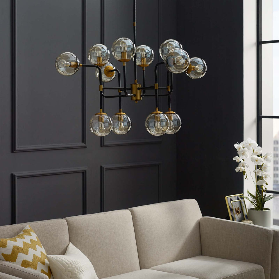 Ambition Amber Glass And Antique Brass 12 Light Pendant Chandelier.