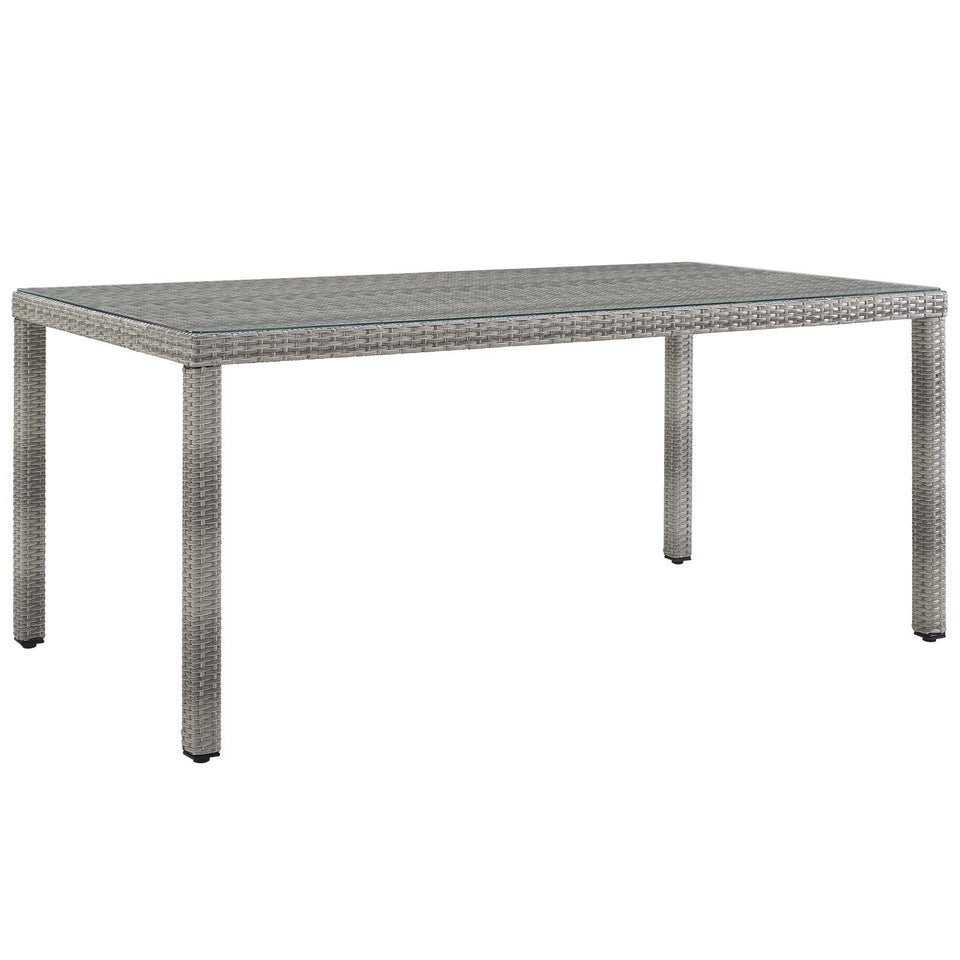 Aura 68" Outdoor Patio Wicker Rattan Dining Table in Gray.