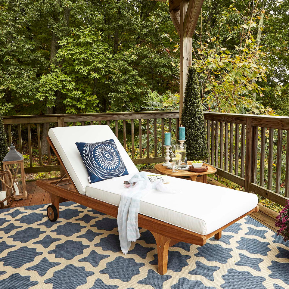 Saratoga Outdoor Patio Teak Chaise Lounge in Natural White.