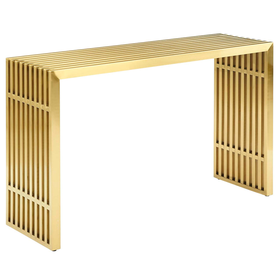 Gridiron Stainless Steel Console Table in Gold.