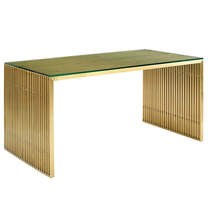 GRIDIRON STAINLESS STEEL DINING TABLE IN GOLD.