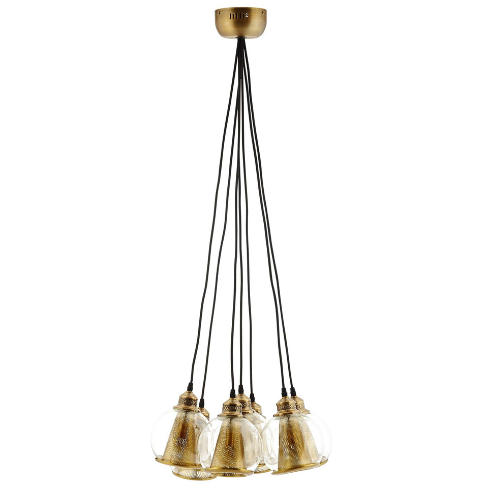 Peak Brass Cone and Glass Globe Cluster Pendant Chandelier.