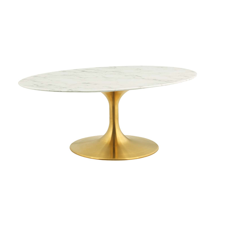 Lippa 42" Oval-Shaped Artifical Artificial Marble Coffee Table in Gold White.