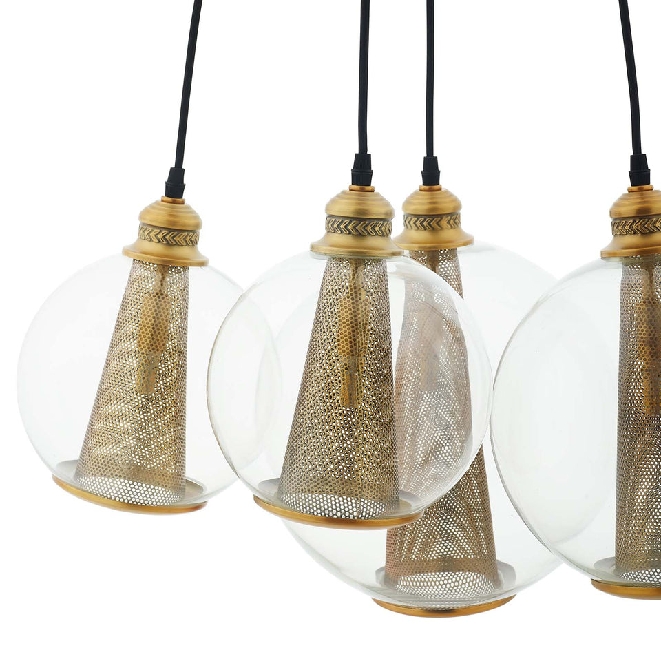 Peak Brass Cone And Glass Globe Cluster Pendant Light Chandelier.