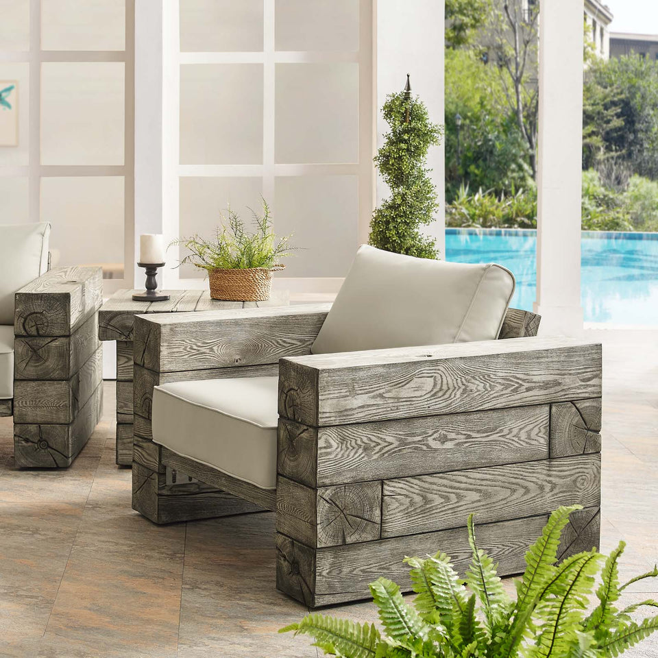 Manteo Rustic Coastal Outdoor Patio Sunbrella® Lounge Armchair in Light Gray Beige.