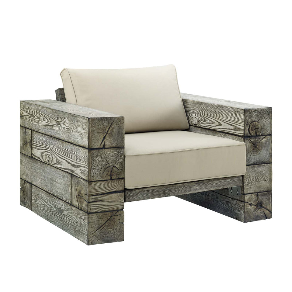 Manteo Rustic Coastal Outdoor Patio Sunbrella® Lounge Armchair in Light Gray Beige.