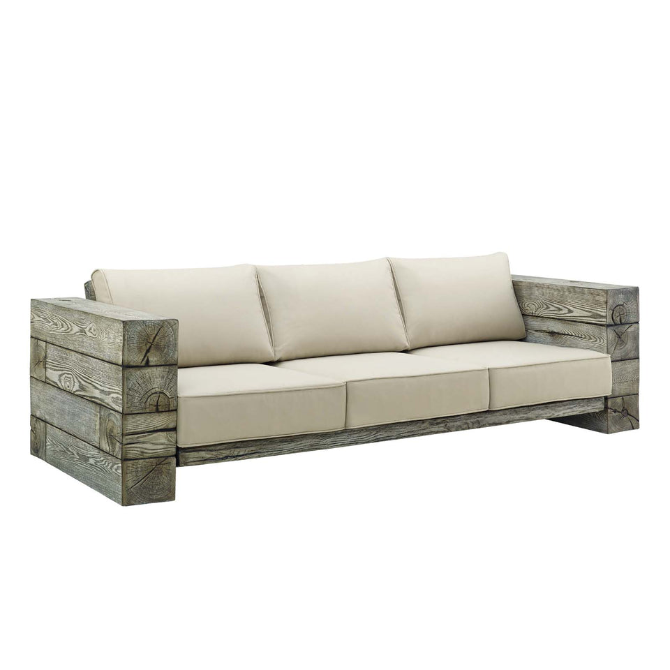 Manteo Rustic Coastal Outdoor Patio Sunbrella® Sofa in Light Gray Beige.