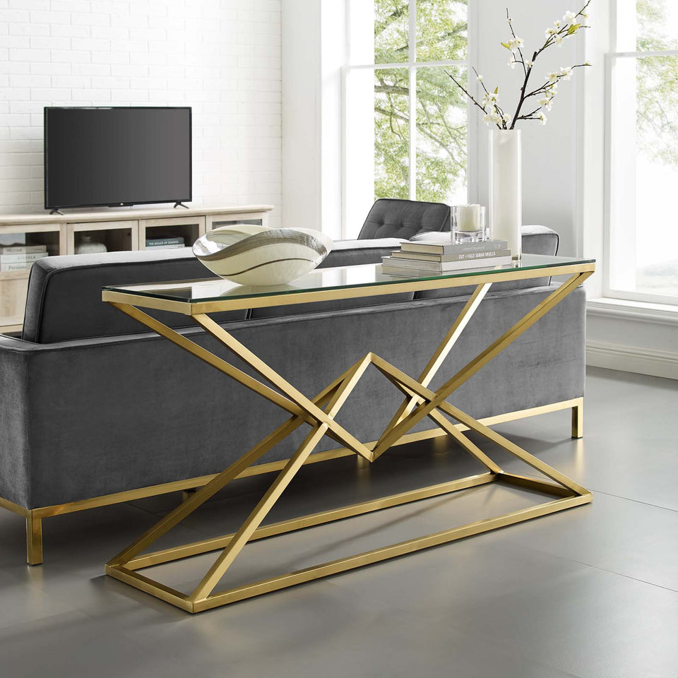 Point 59" Brushed Gold Metal Stainless Steel Console Table in Gold.