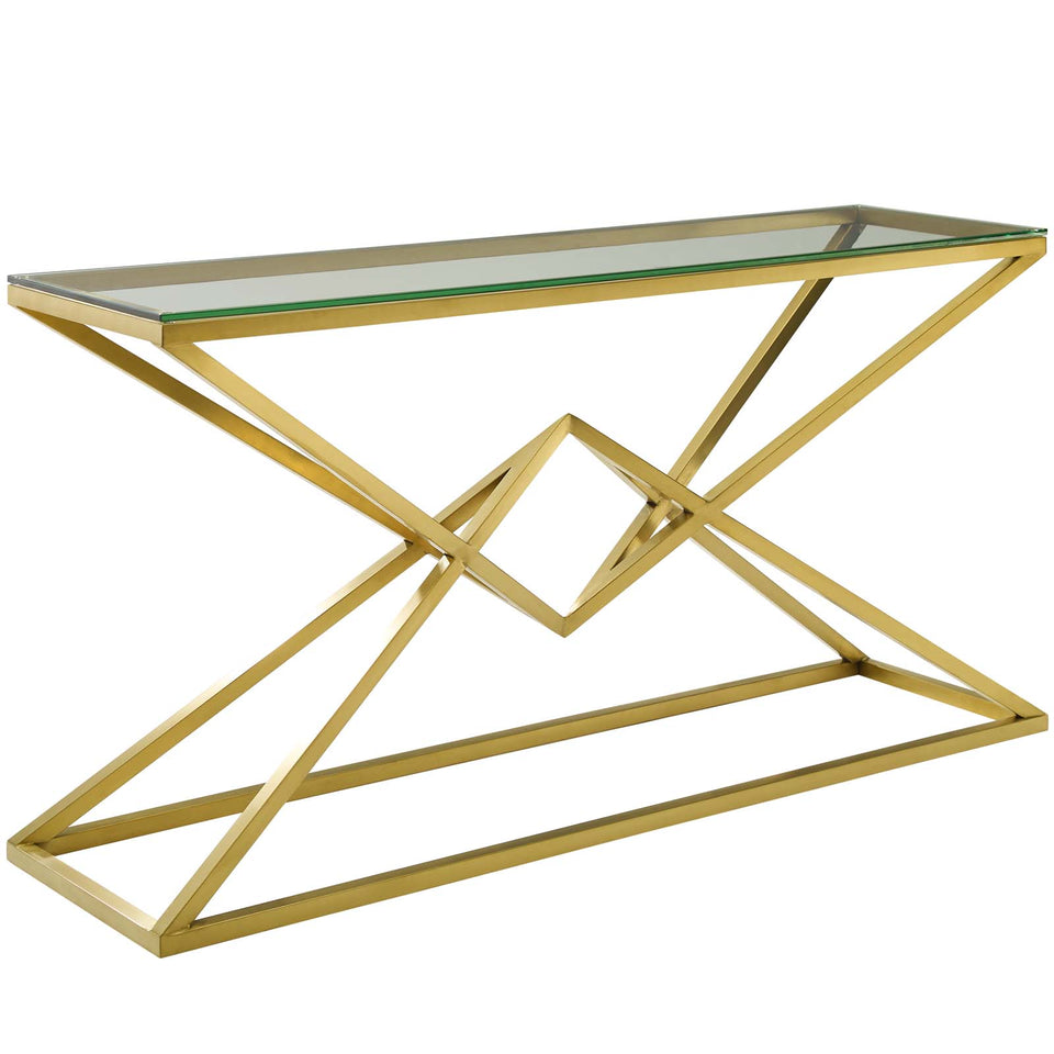 Point 59" Brushed Gold Metal Stainless Steel Console Table in Gold.