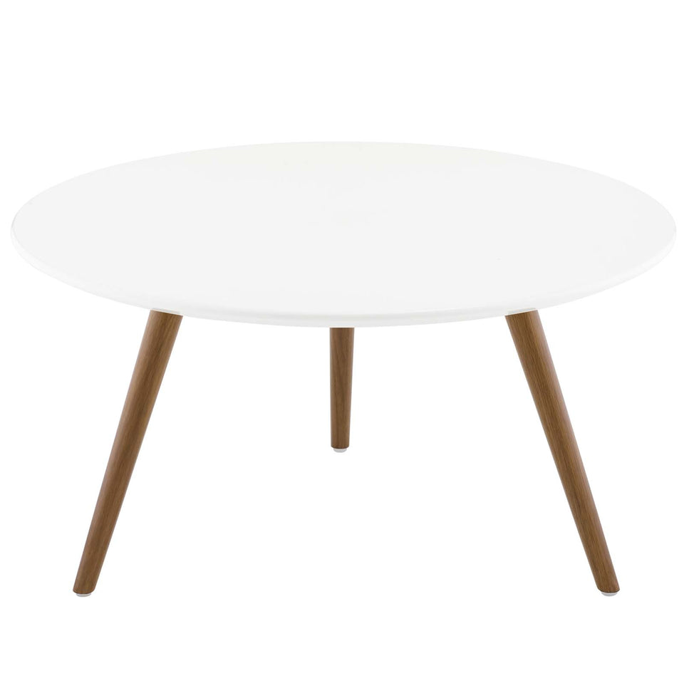 Lippa 28" Round Wood Top Coffee Table with Tripod Base in Walnut White.