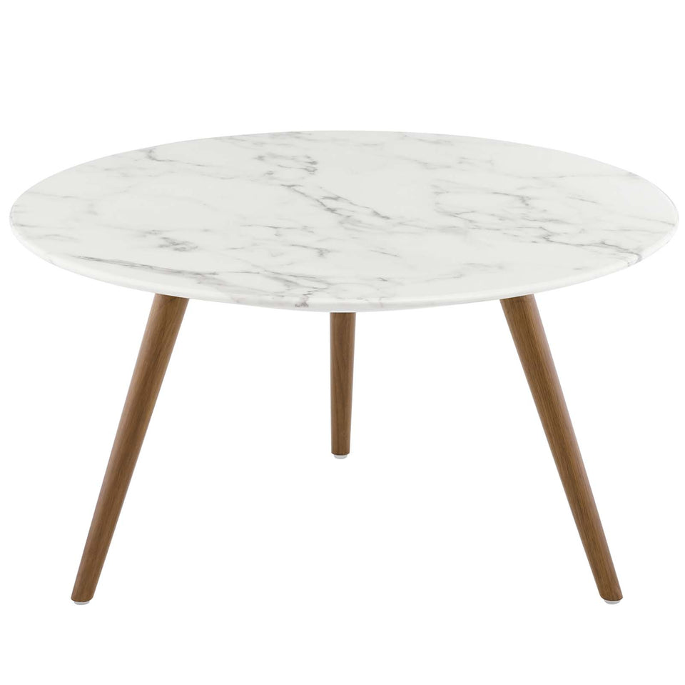Lippa 28" Round Artificial Marble Coffee Table with Tripod Base in Walnut White.