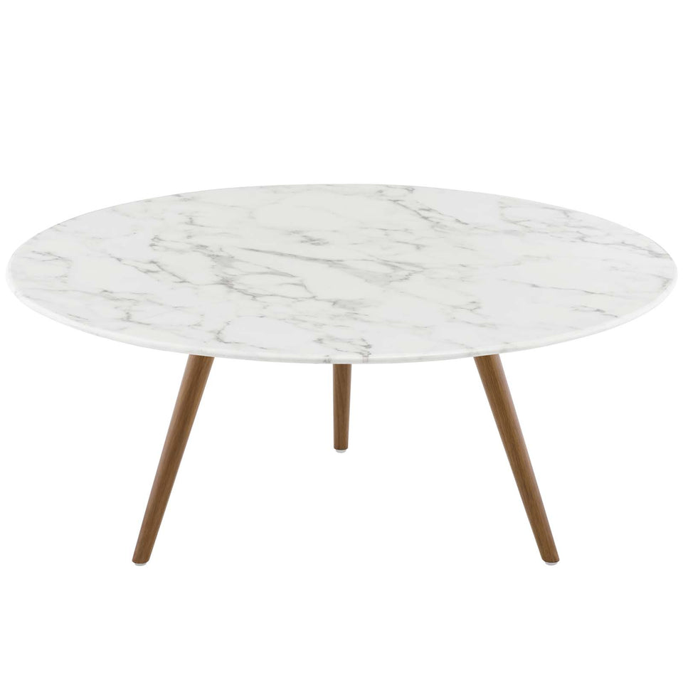 Lippa 36" Round Artificial Marble Coffee Table with Tripod Base in Walnut White.