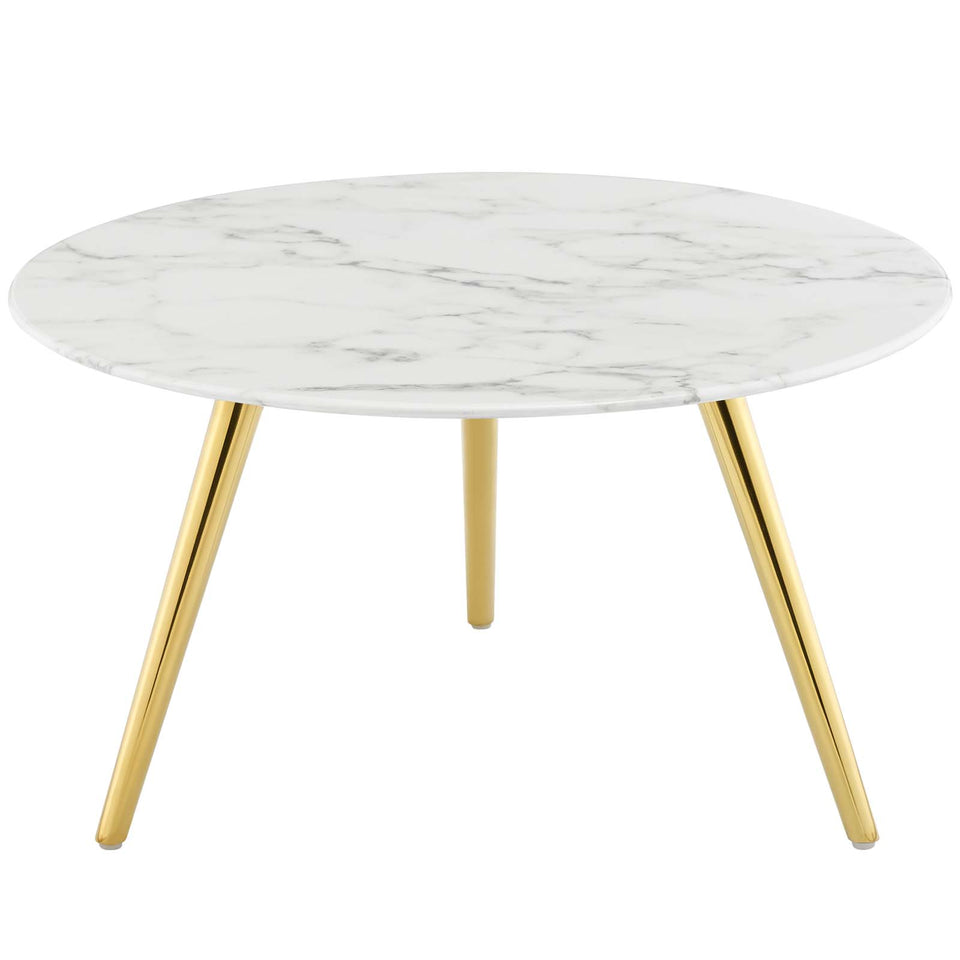 Lippa 28" Round Artificial Marble Coffee Table with Tripod Base in Gold White.