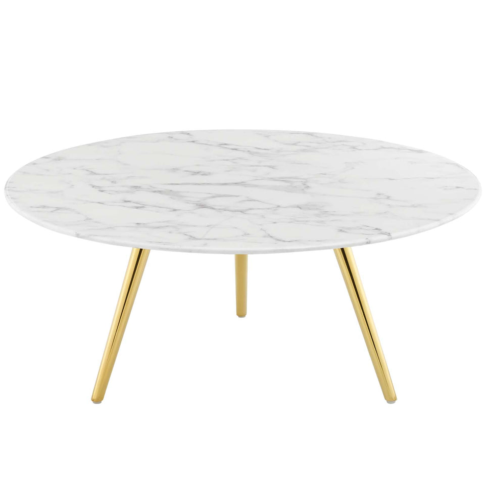 Lippa 36" Round Artificial Marble Coffee Table with Tripod Base in Gold White.