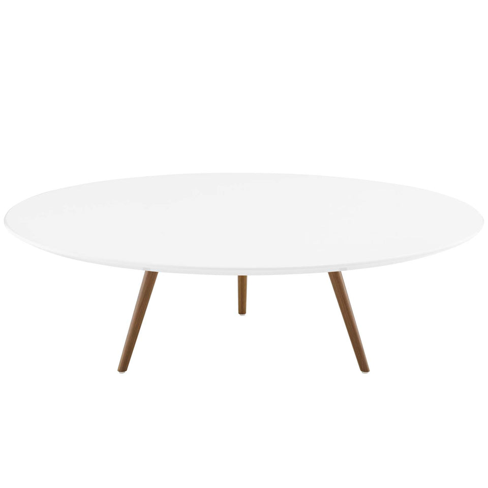 Lippa 47" Round Wood Top Coffee Table with Tripod Base in Walnut White.