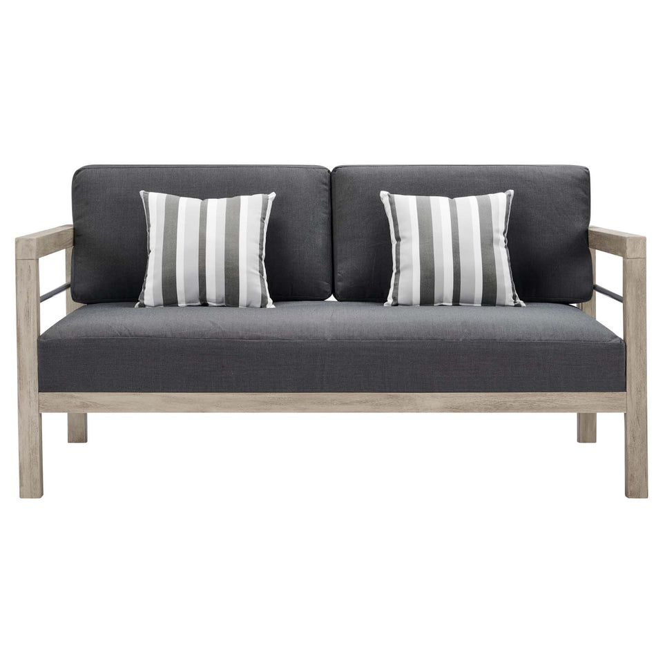 Wiscasset Outdoor Patio Acacia Wood Loveseat in Light Gray.