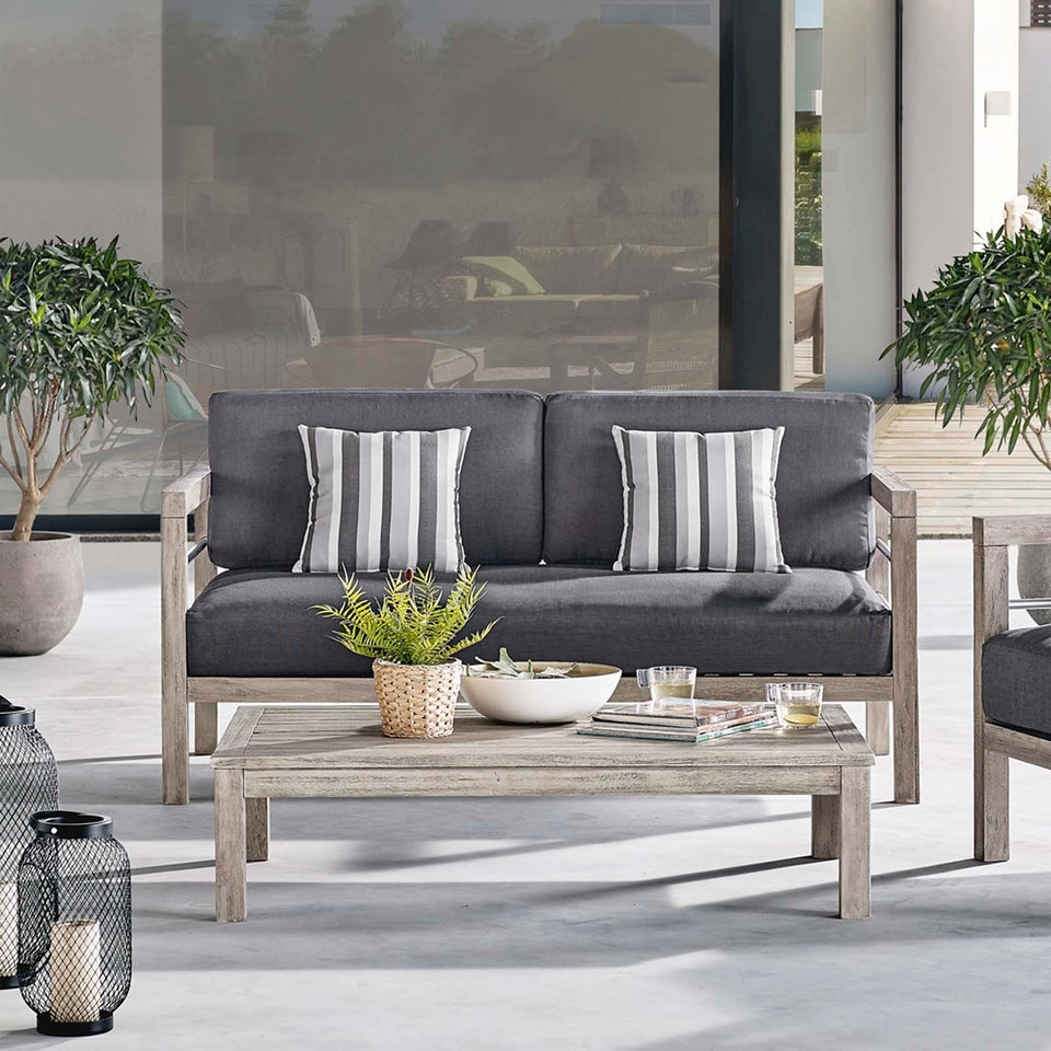 Wiscasset Outdoor Patio Acacia Wood Loveseat in Light Gray.