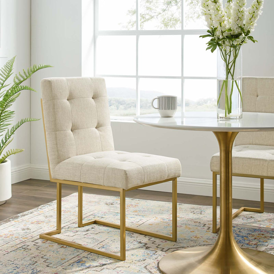 Privy Gold Stainless Steel Upholstered Fabric Dining Accent Chair.