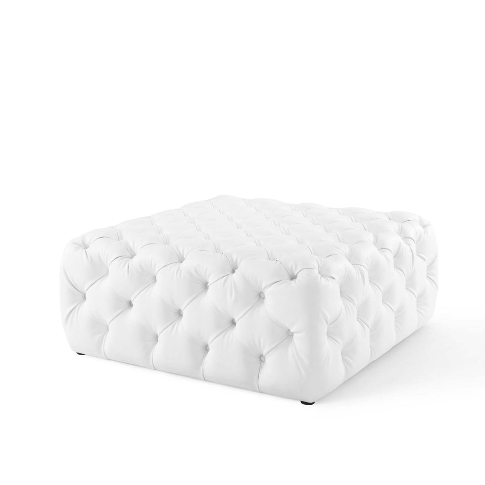 Anthem Tufted Button Large Square Faux Leather Ottoman in White.
