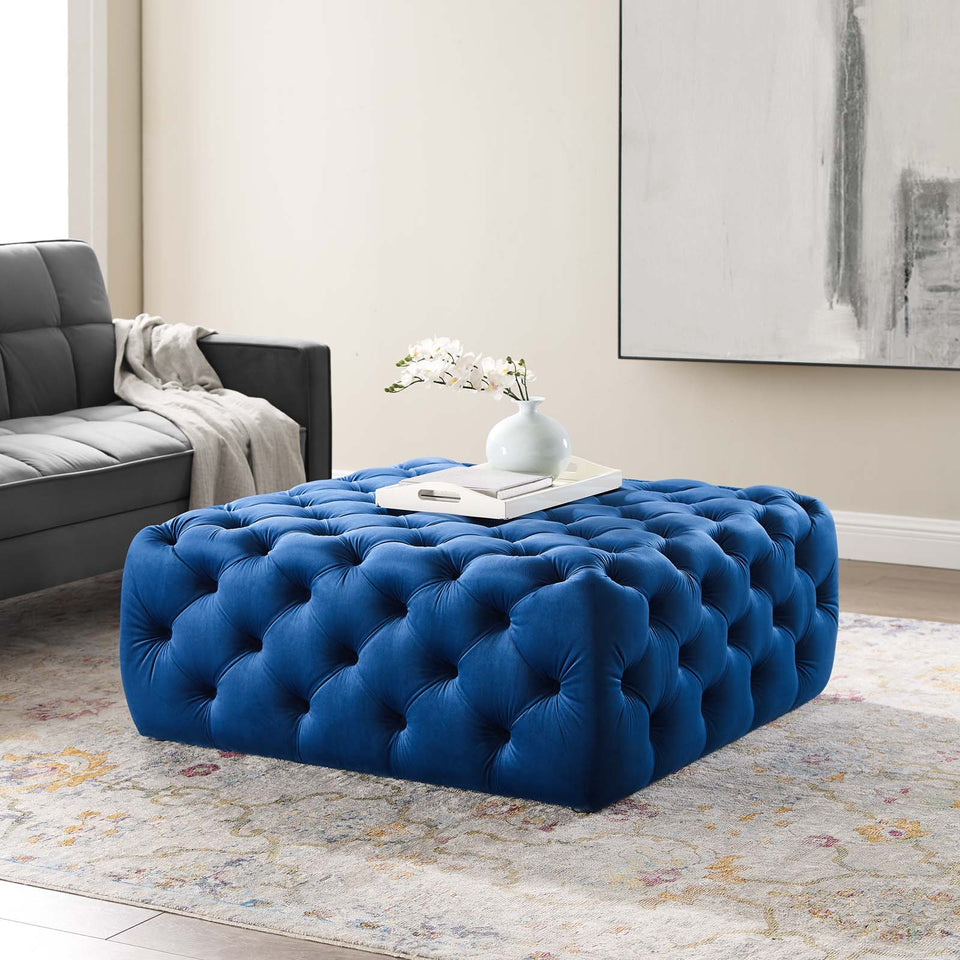 Anthem Tufted Button Large Square Performance Velvet Ottoman.