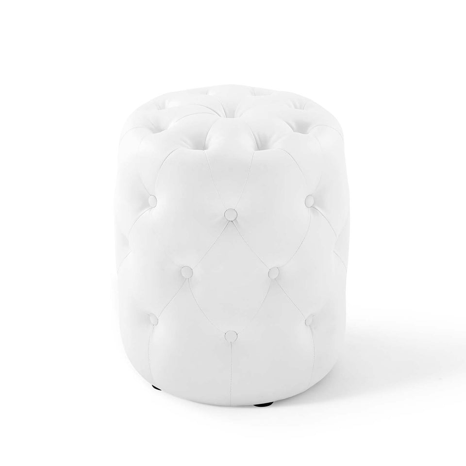 Anthem Tufted Button Round Faux Leather Ottoman in White.