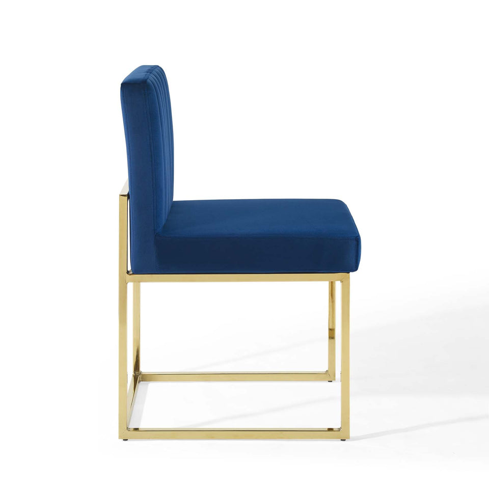 Carriage Channel Tufted Sled Base Performance Velvet Dining Chair in Gold.