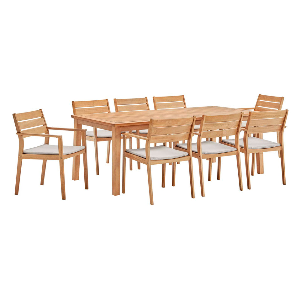 Viewscape 9 Piece Outdoor Patio Ash Wood Dining Set in Natural Taupe.