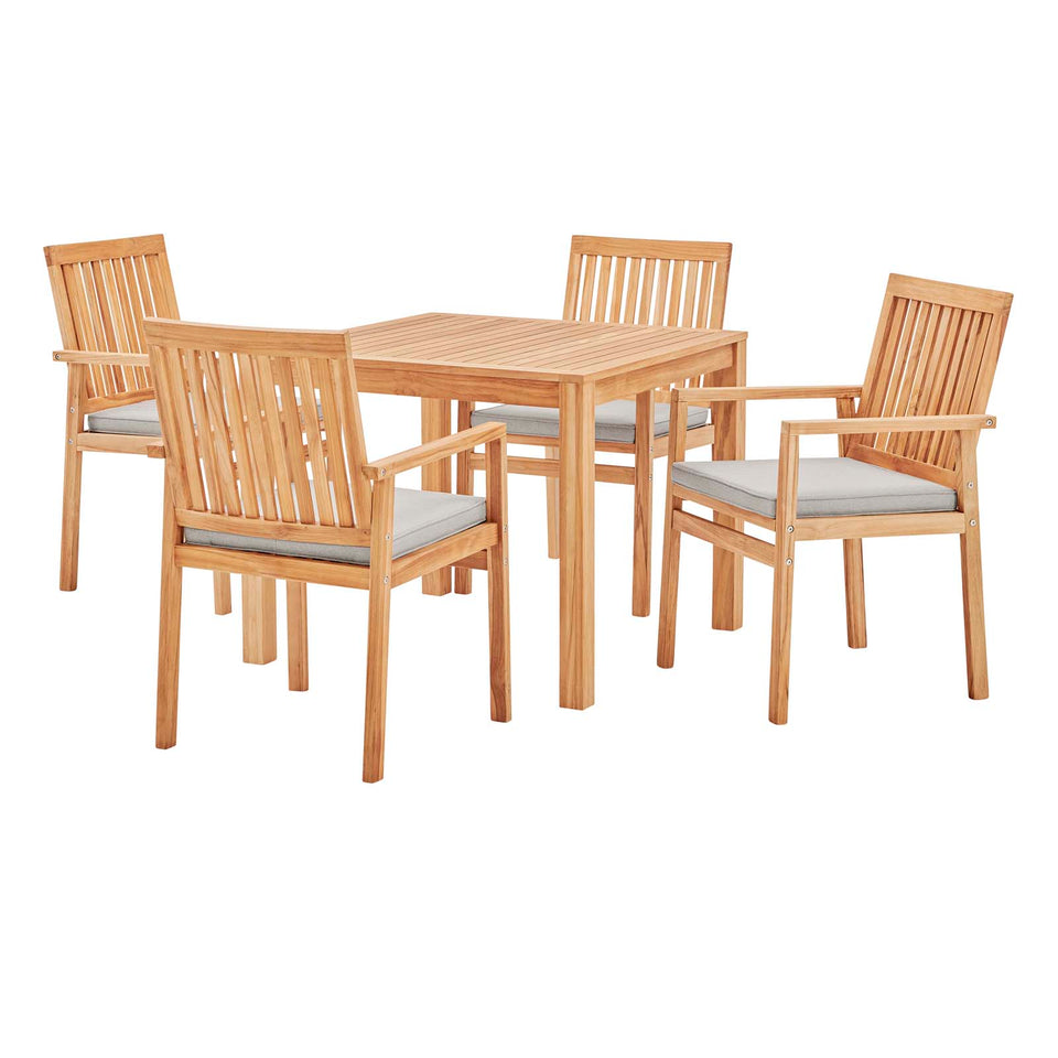 Farmstay 5 Piece Outdoor Patio Teak Wood Dining Set in Natural Taupe.