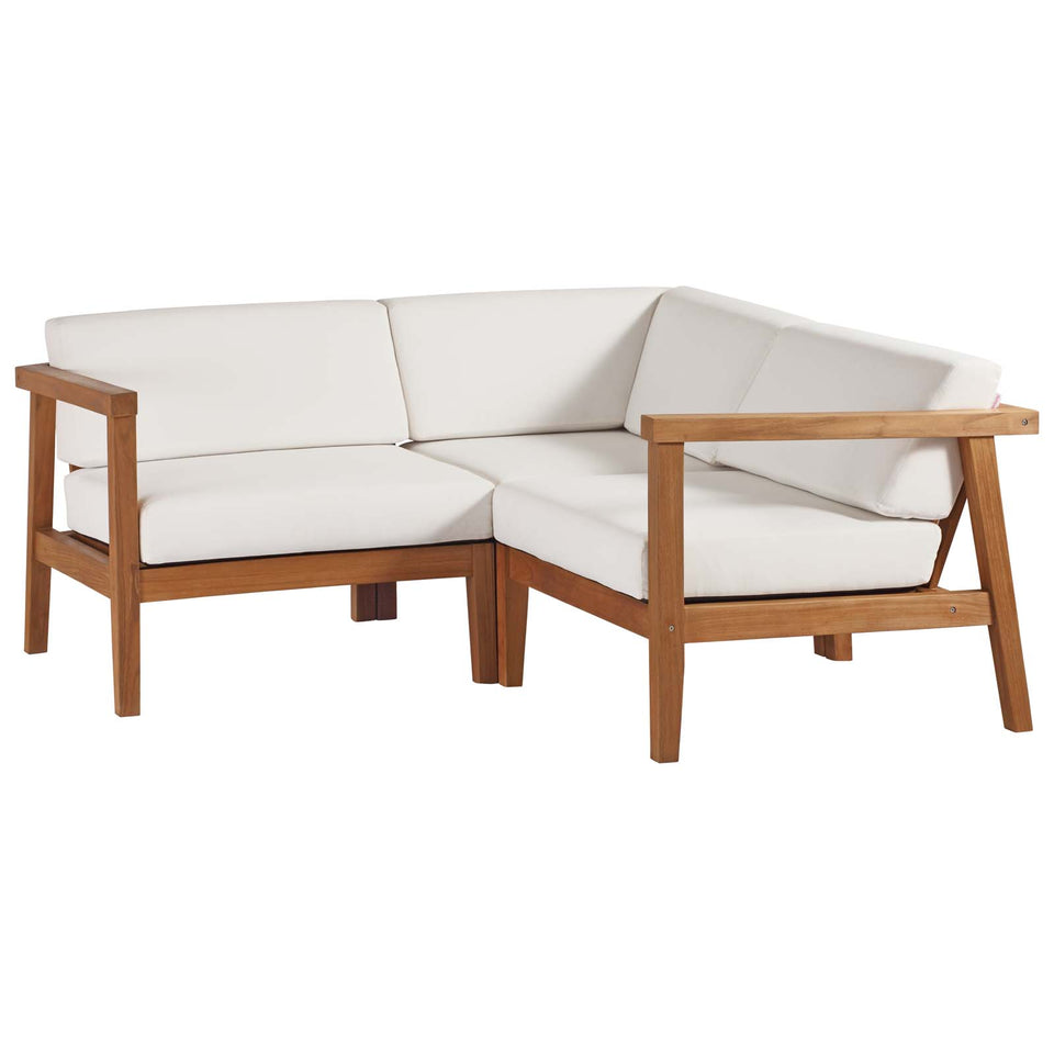 Bayport Outdoor Patio Teak Wood 3-Piece Sectional Sofa Set in Natural White.