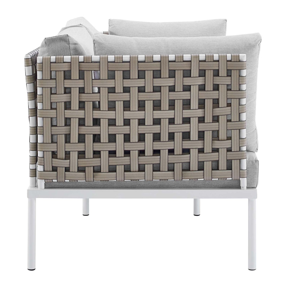 Harmony Sunbrella® Basket Weave Outdoor Patio Aluminum Loveseat in Tan.