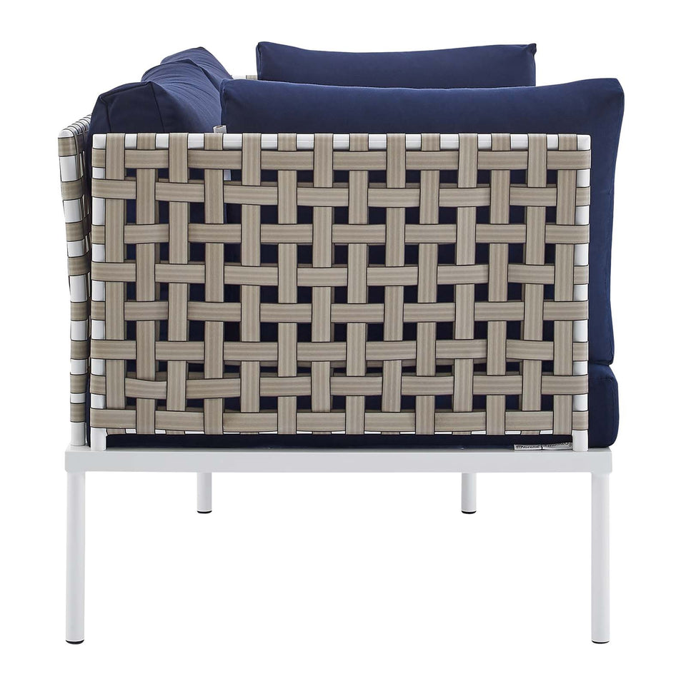 Harmony Sunbrella® Basket Weave Outdoor Patio Aluminum Loveseat in Tan.