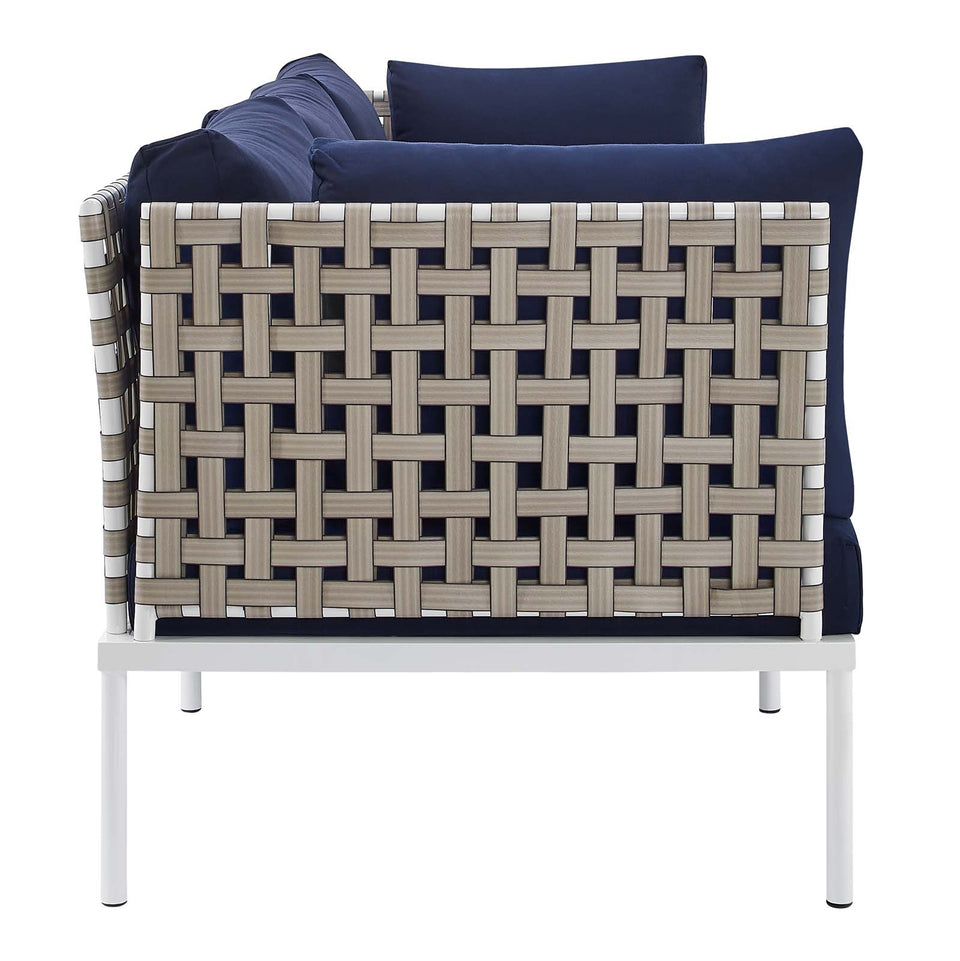 Harmony Sunbrella® Basket Weave Outdoor Patio Aluminum Sofa in Tan.