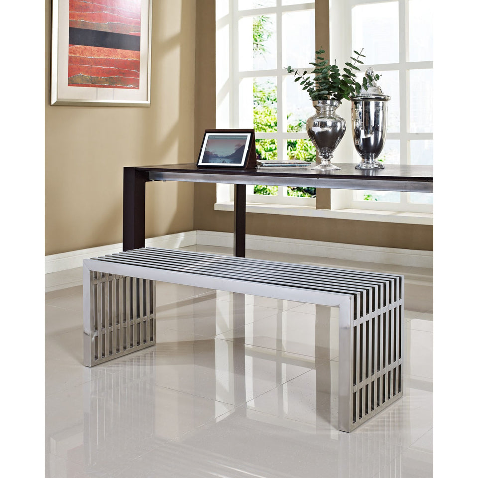 Gridiron Large Stainless Steel Bench in Silver.