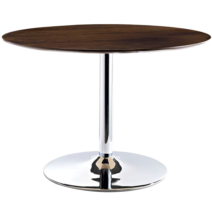 ROSTRUM ROUND WOOD TOP DINING TABLE IN WALNUT.