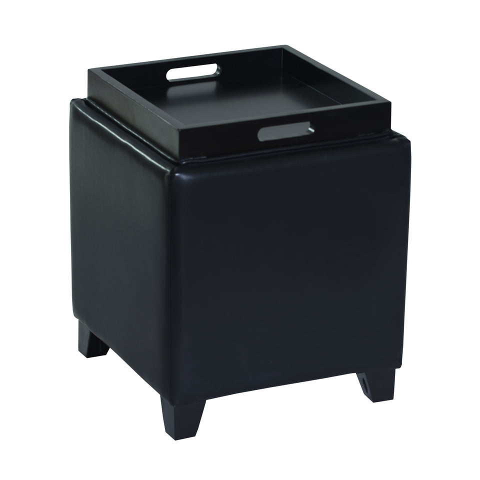 Rainbow Contemporary Storage Ottoman With Tray in Black Bonded Leather