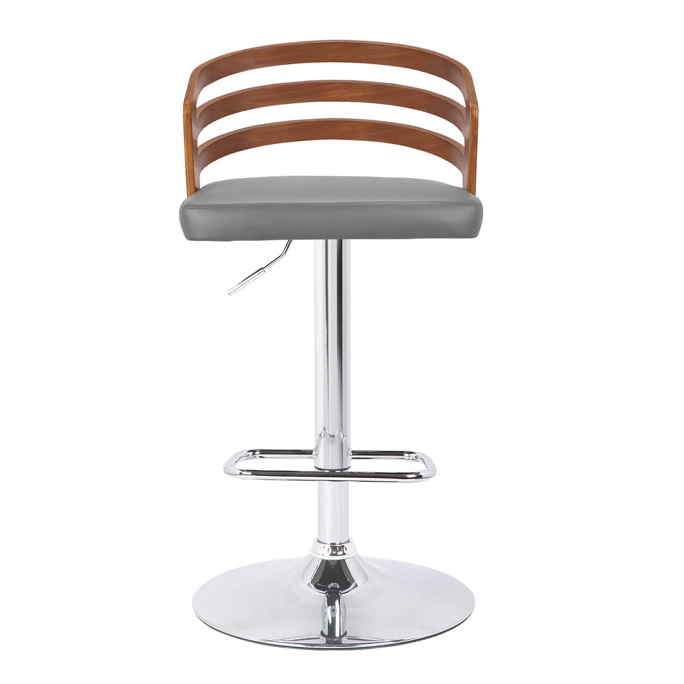 Adele Mid-Century Adjustable Swivel Barstool in Chrome with Gray Faux Leather and Walnut Veneer