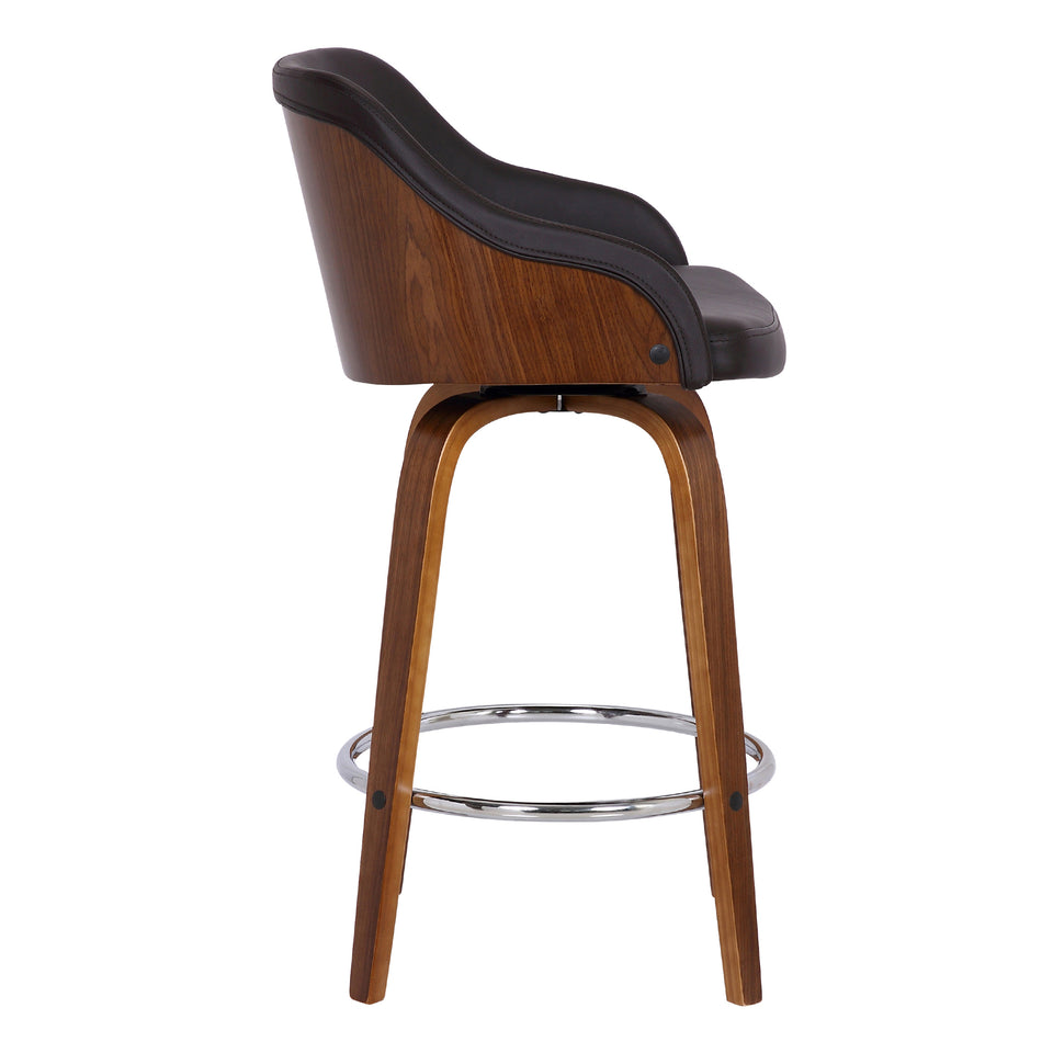 Alec Contemporary 26" Counter Height Swivel Barstool in Walnut Wood Finish and Brown Faux Leather