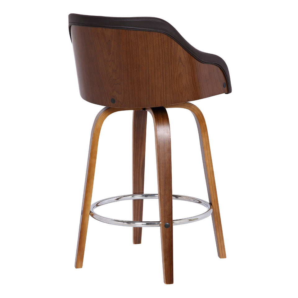 Alec Contemporary 26" Counter Height Swivel Barstool in Walnut Wood Finish and Brown Faux Leather