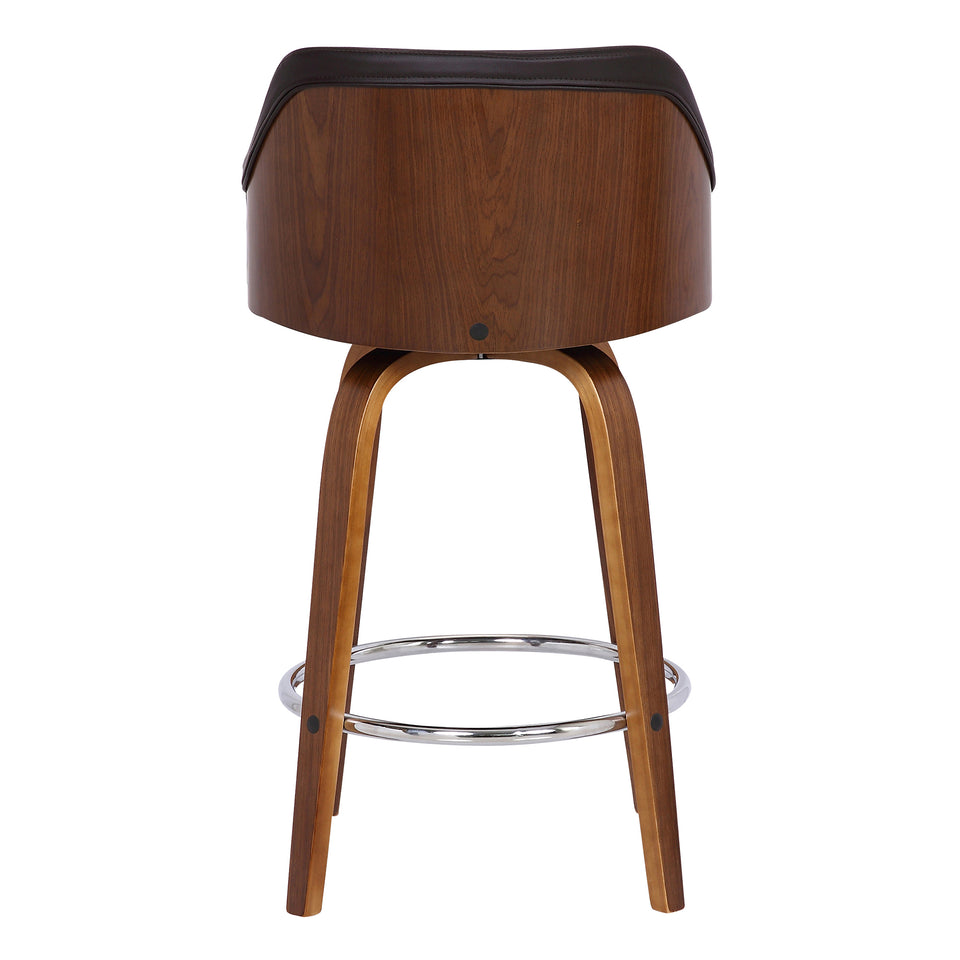 Alec Contemporary 26" Counter Height Swivel Barstool in Walnut Wood Finish and Brown Faux Leather