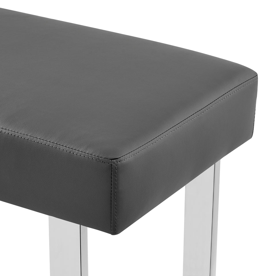 Amanda Contemporary Dining Bench in Gray Faux Leather and Chrome Finish